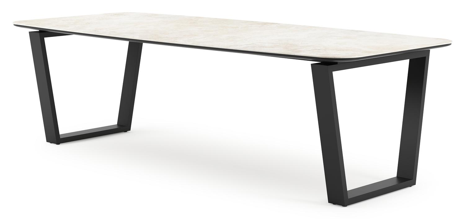 Table de jardin Pagino forme de bateau en aluminium noir et céramique pleine Rapolano Lg. 255 x Lrg. 115 cm
