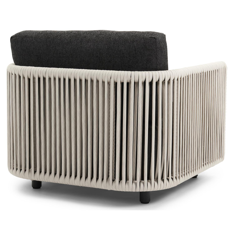 Organo loungestoel 1-zit in zwart aluminium en beige verticaal geweven luxe vlakke rope met chartres sooty all weather sunbrella® luxe kussen