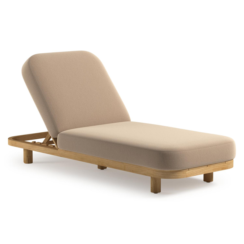 Chaise longue réglable Donato en teck avec All Weather Sunbrella® luxe natte heather beige coussin
