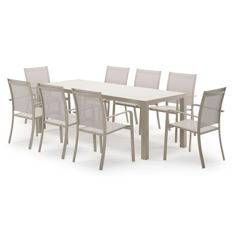 Varese rechthoekige tuinset in beige aluminium en sintered stone crema minerale met 8 Calobra tuinstoelen