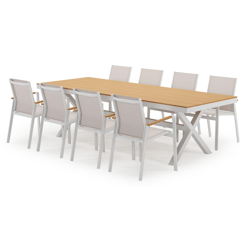 Bahia tuinset in wit aluminium en polywood met 8 stapelbare Bahia tuinstoelen