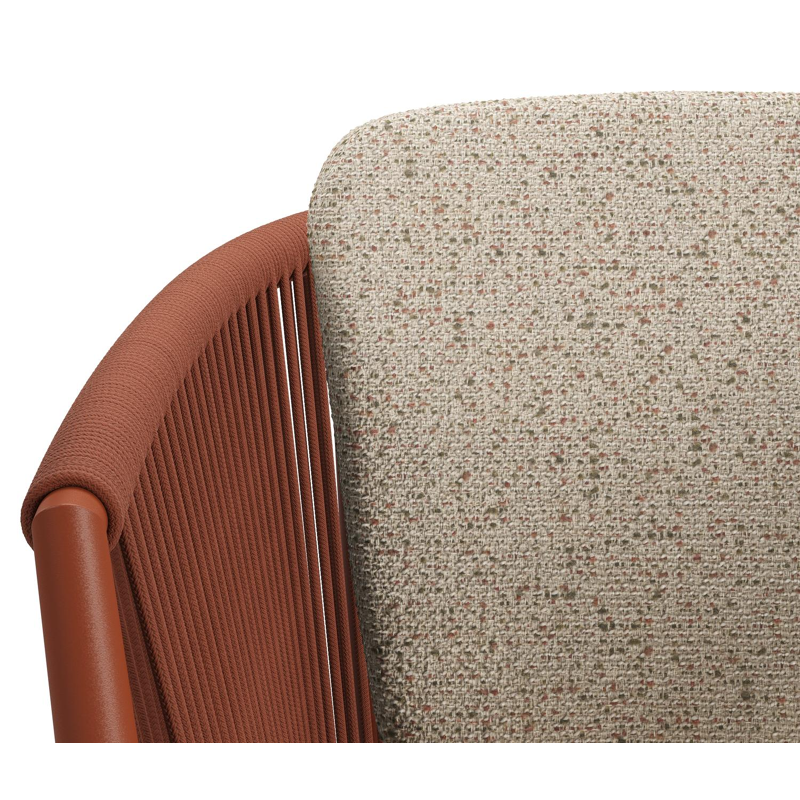 Orso stapelbare tuinstoel in roestbruin aluminium en roestbruin verticaal geweven ronde rope met kussen in All Weather Cosytica Bora Jungle