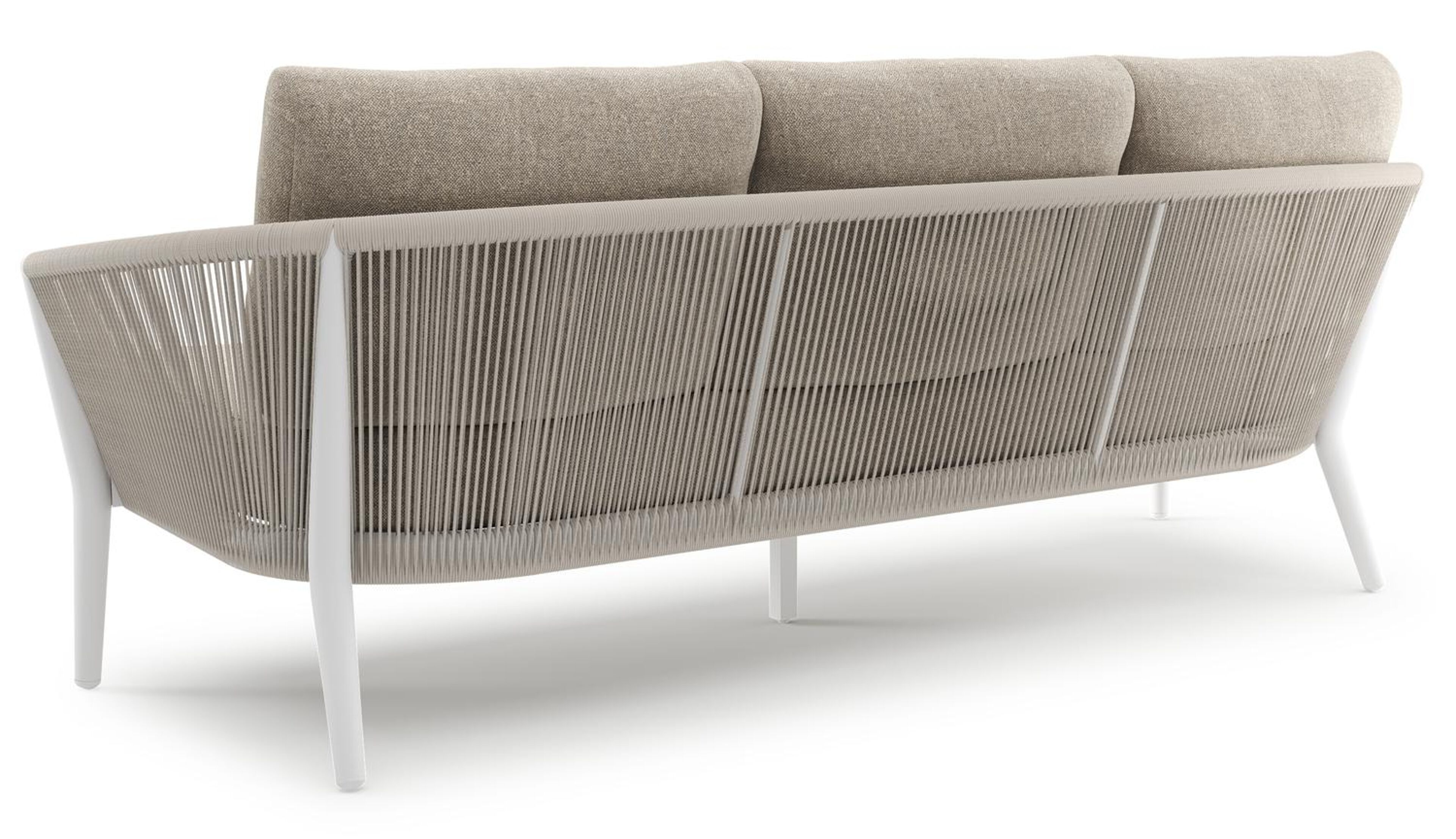Salon de jardin Orso en aluminium blanc en corde ronde tissée verticalement beige et coussins en all weather sunbrella® luxe Chartres Pewter