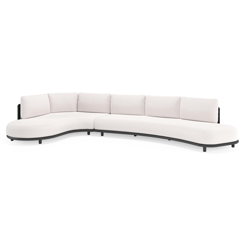 Lomano loungehoek in zwart aluminium en zwart verticaal geweven luxe vlakke rope met ego eggshell all weather solica kussen