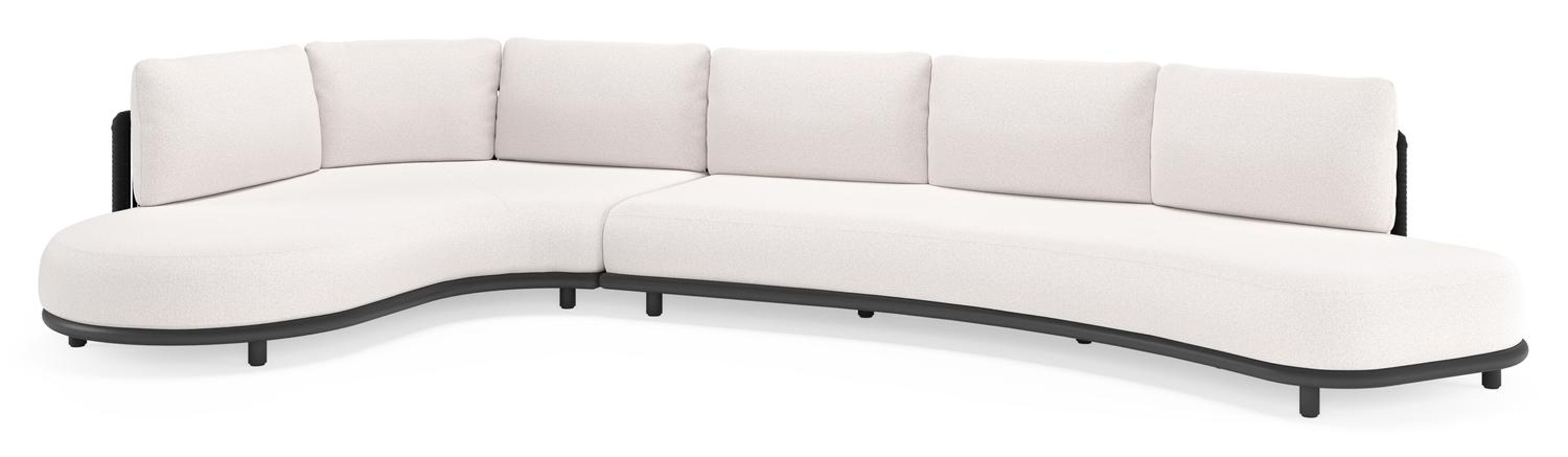 Lomano loungehoek in zwart aluminium en zwart verticaal geweven luxe vlakke rope met ego eggshell all weather solica kussen