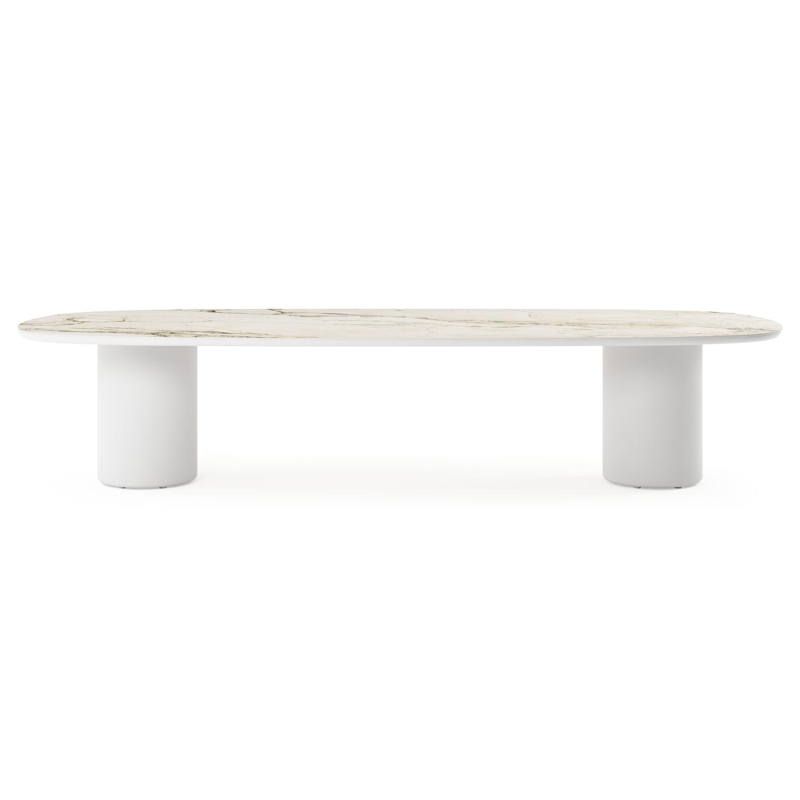 Table de jardin low dining Amico bombo en aluminium blanc et céramique pleine Colorado Dunes - Lg. 320 x Lrg. 130 x Haut. 61 cm
