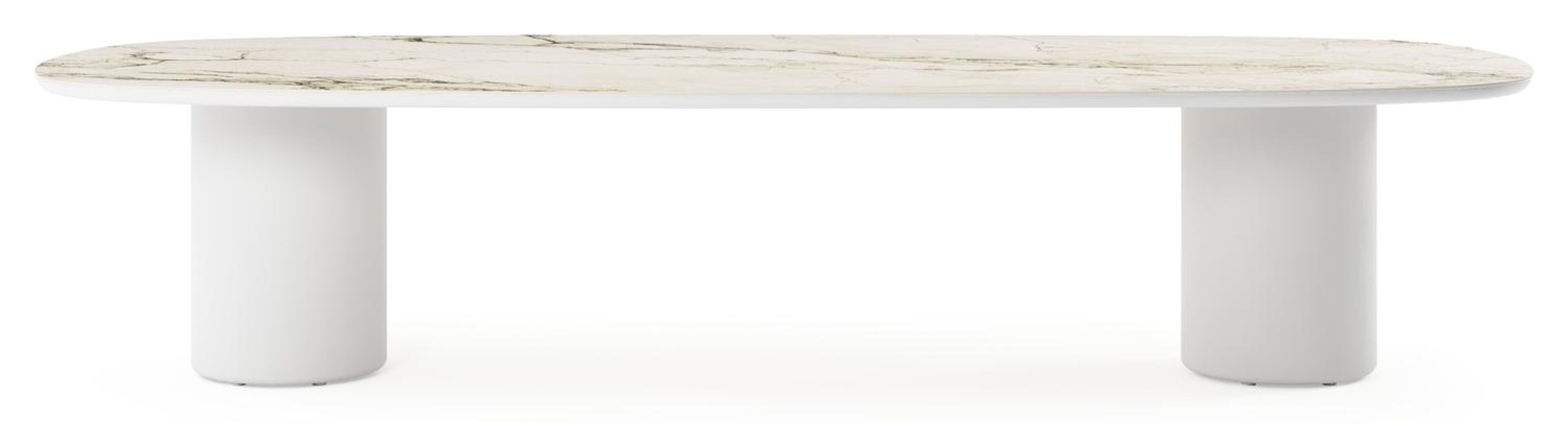 Table de jardin low dining Amico bombo en aluminium blanc et céramique pleine Colorado Dunes - Lg. 320 x Lrg. 130 x Haut. 61 cm