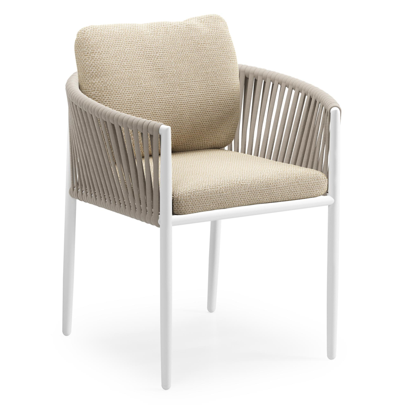 Organo tuinstoel in wit aluminium en beige verticaal geweven luxe vlakke rope met zitkussen in All Weather Cosytica Althea Camel