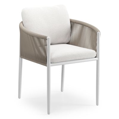 Organo tuinstoel in beige aluminium en beige verticaal geweven luxe vlakke rope met stoelkussen in All Weather Solica Soul Optik