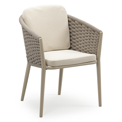 Orso stapelbare tuinstoel in beige aluminium en beige horizontaal geweven ronde rope met stoelkussen in All Weather Cosytica Althea Off White