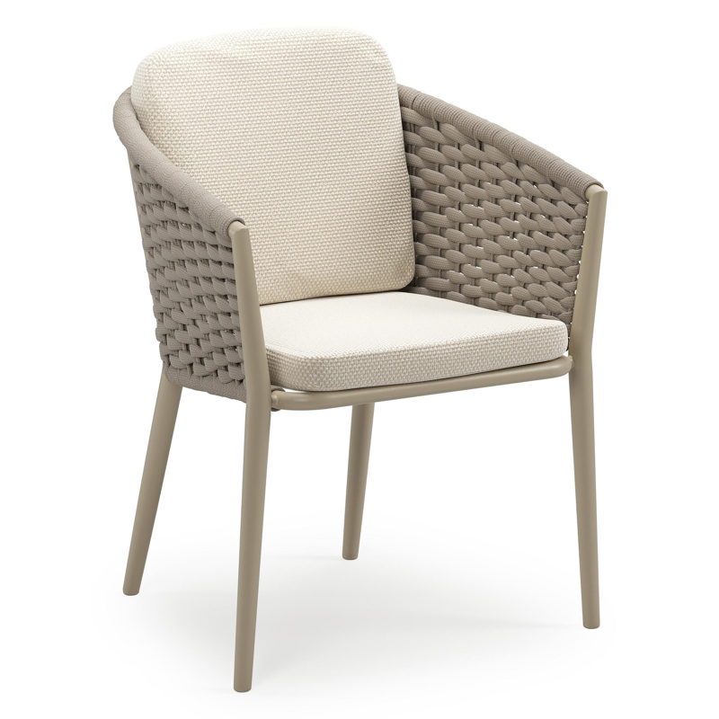 Orso stapelbare tuinstoel in beige aluminium en beige horizontaal geweven ronde rope met stoelkussen in All Weather Cosytica Althea Off White