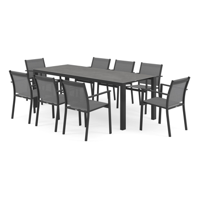 Ensemble de jardin Trente en aluminium noir avec plateau de table en céramique pleine gris et 8 chaises de jardin empilables Bareto