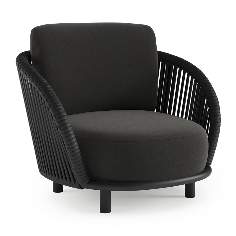 Lupino loungestoel in zwart aluminium en zwart verticaal geweven luxe vlakke brede rope met natte sooty all weather sunbrella® luxe kussen