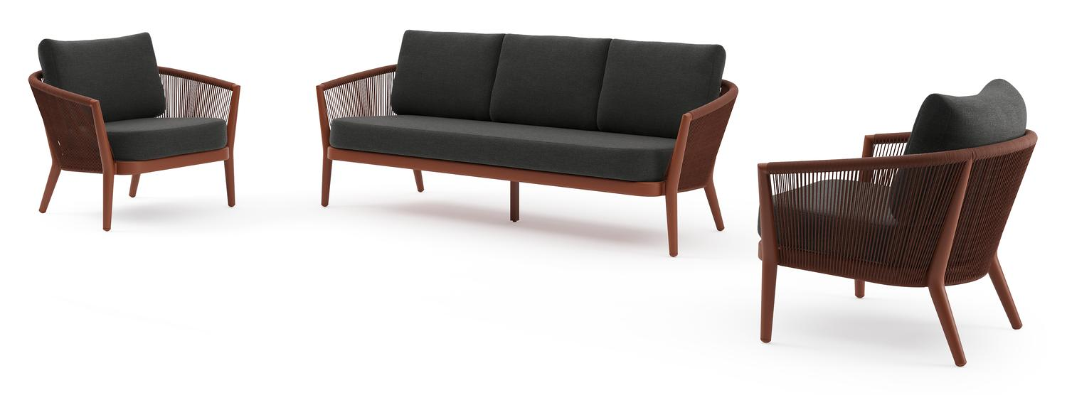 Orso loungeset in roestbruin aluminium en roestbruin verticaal geweven ronde rope met Chartres Sooty all weather sunbrella® luxe kussen