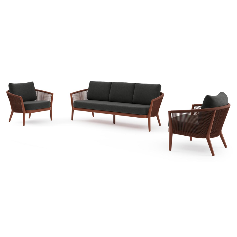 Orso loungeset in roestbruin aluminium en roestbruin verticaal geweven ronde rope met Chartres Sooty all weather sunbrella® luxe kussen