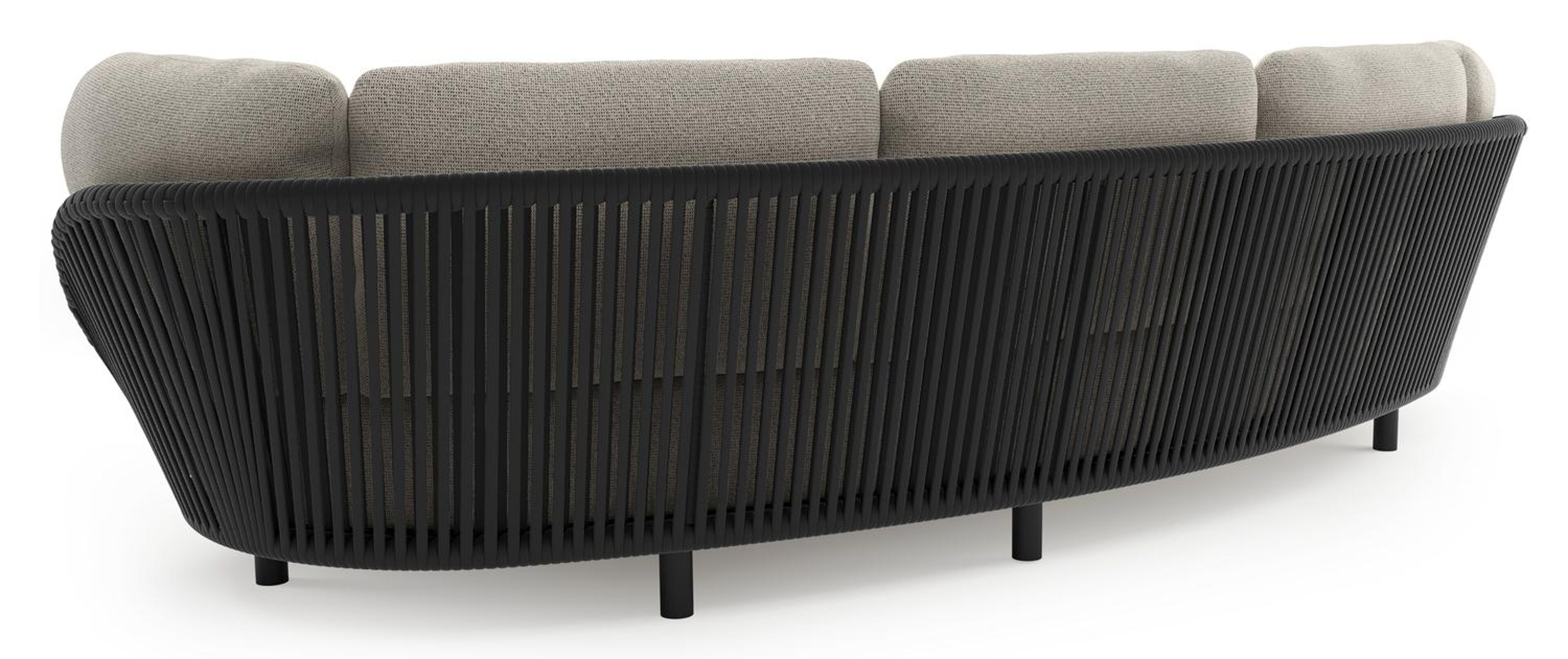 Lupino loungebank in zwart aluminium en zwart verticaal geweven luxe vlakke brede rope met firenze sand all weather solica kussen