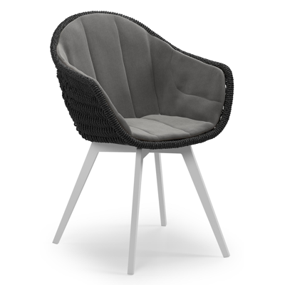 Pagino tuinstoel in wit aluminium en zwart ronde wicker met zitkussen in All Weather Sunbrella® Luxe Natte Charcoal Chine