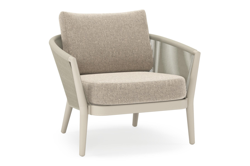 Orso loungestoel in beige aluminium en beige verticaal geweven ronde rope met Chartres Pewter all weather sunbrella® luxe kussen