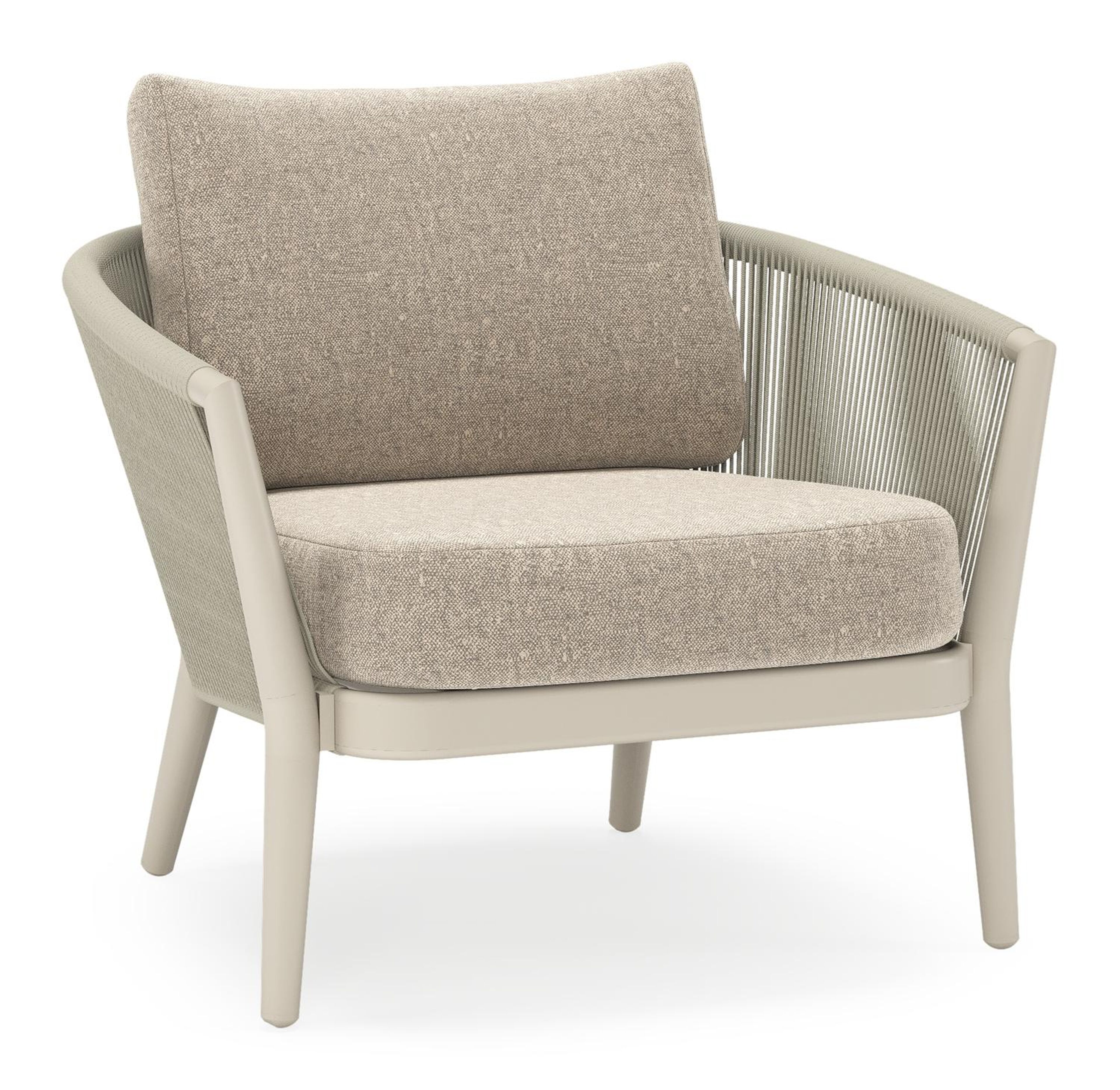 Orso loungestoel in beige aluminium en beige verticaal geweven ronde rope met Chartres Pewter all weather sunbrella® luxe kussen