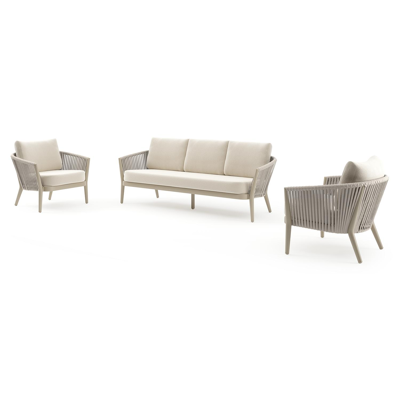 Orso loungeset in beige aluminium en beige verticaal geweven ronde rope met Althea Off White all weather cosytica kussen