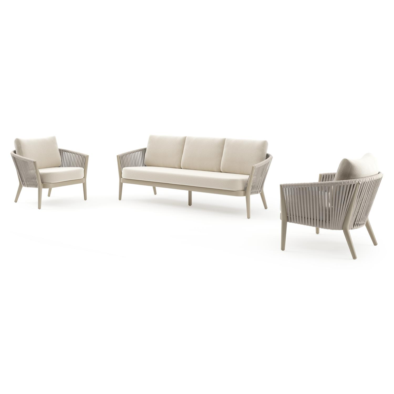 Orso loungeset in beige aluminium en beige verticaal geweven ronde rope met Althea Off White all weather cosytica kussen