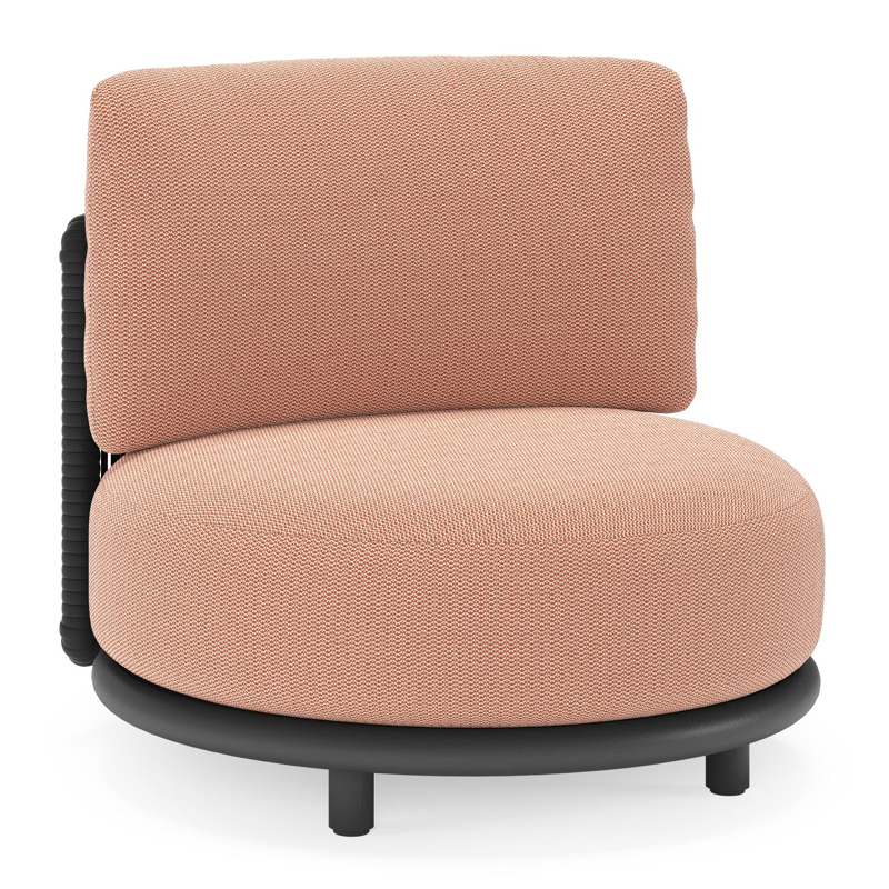 Fauteuil de jardin Lomano en aluminium noir et corde luxe plate tissée verticalement beige et coussins en all weather sunbrella® luxe lopi fawn