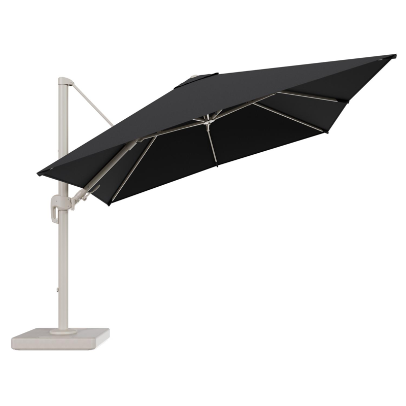 Rufina zweefparasol tiltfunctie in beige aluminium en parasoldoek in All Weather Sunbrella® Luxe Natte Sooty - L1 300 x L2 300 cm met parasolvoet Lapido 160 kg
