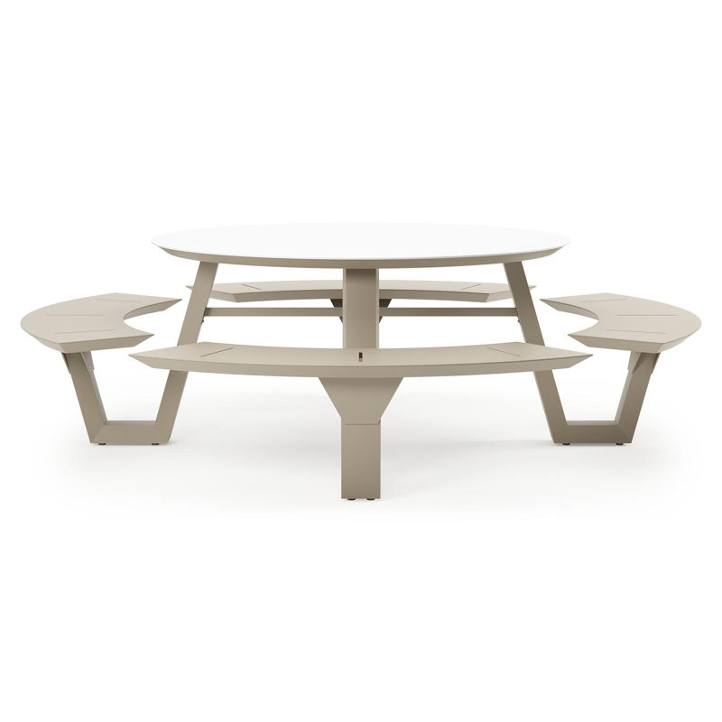 Rondino picknicktafel rond in beige aluminium en volkeramiek Arctic White - Dia. 148 x H 71.5 cm