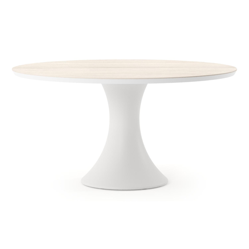 Table de jardin Fano ronde en aluminium blanc et céramique pleine Travertino Bianco - Diam. 148 x Haut. 75 cm