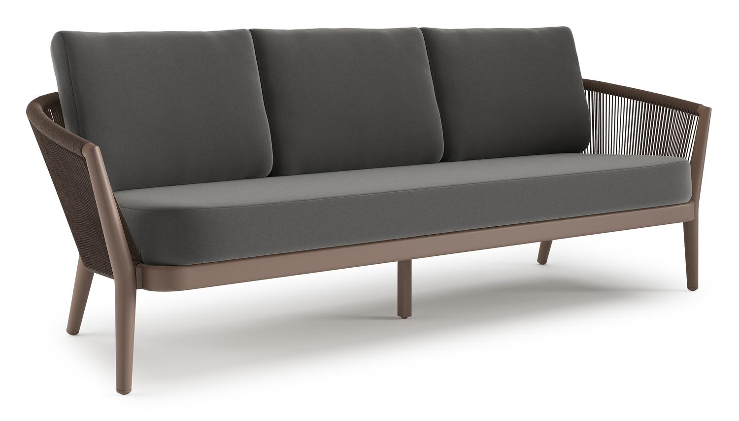 Canapé de jardin Orso en aluminium taupe en corde ronde tissée verticalement noir et coussins en all weather sunbrella® luxe Natte Charcoal Chine