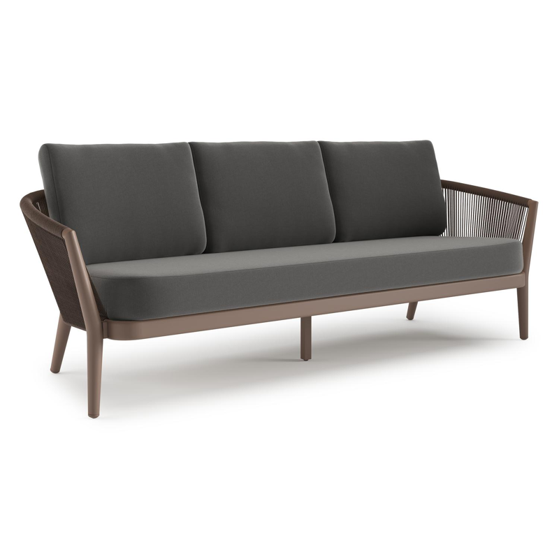 Canapé de jardin Orso en aluminium taupe en corde ronde tissée verticalement noir et coussins en all weather sunbrella® luxe Natte Charcoal Chine