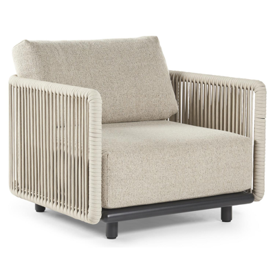 Organo loungestoel 1-zit in zwart aluminium en beige verticaal geweven luxe vlakke rope met marbella beige All Weather Cosytica kussen