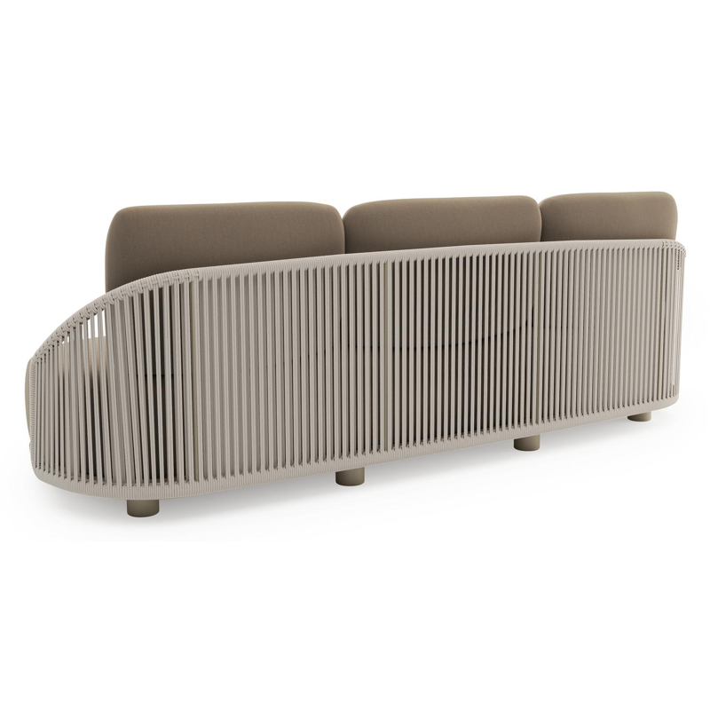 Canapé de jardin Vadelo en aluminium beige et corde ronde tissée verticalement beige et coussins en all weather sunbrella® luxe natte heather grey