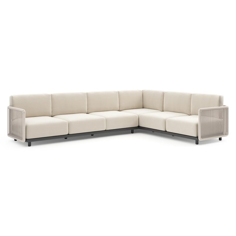 Organo loungehoek in zwart aluminium en beige verticaal geweven luxe vlakke rope met althea off white all weather Cosytica kussen