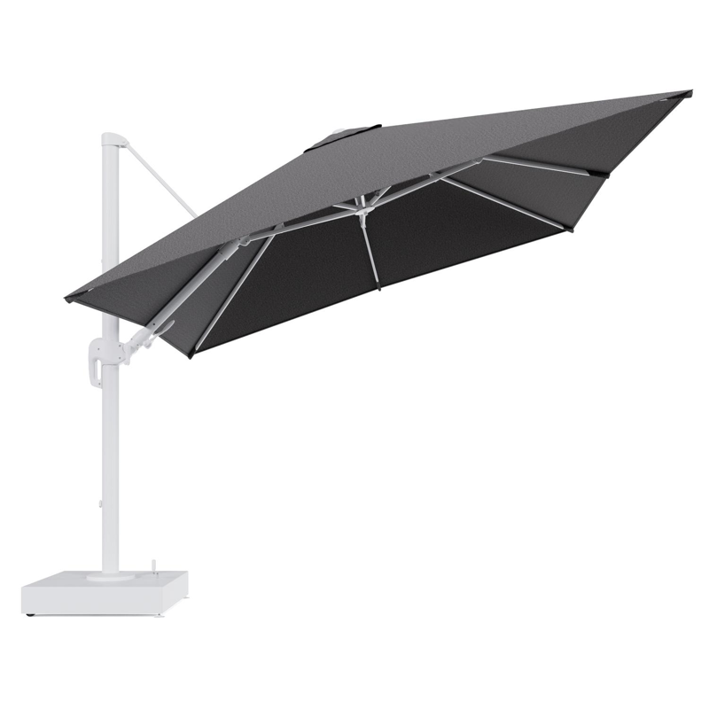 Rufina zweefparasol met tiltfunctie in wit aluminium en Firenze Tunder All Weather Solica parasoldoek - L1 300 x L2 300 cm met parasolvoet Minore 150 kg met wielen