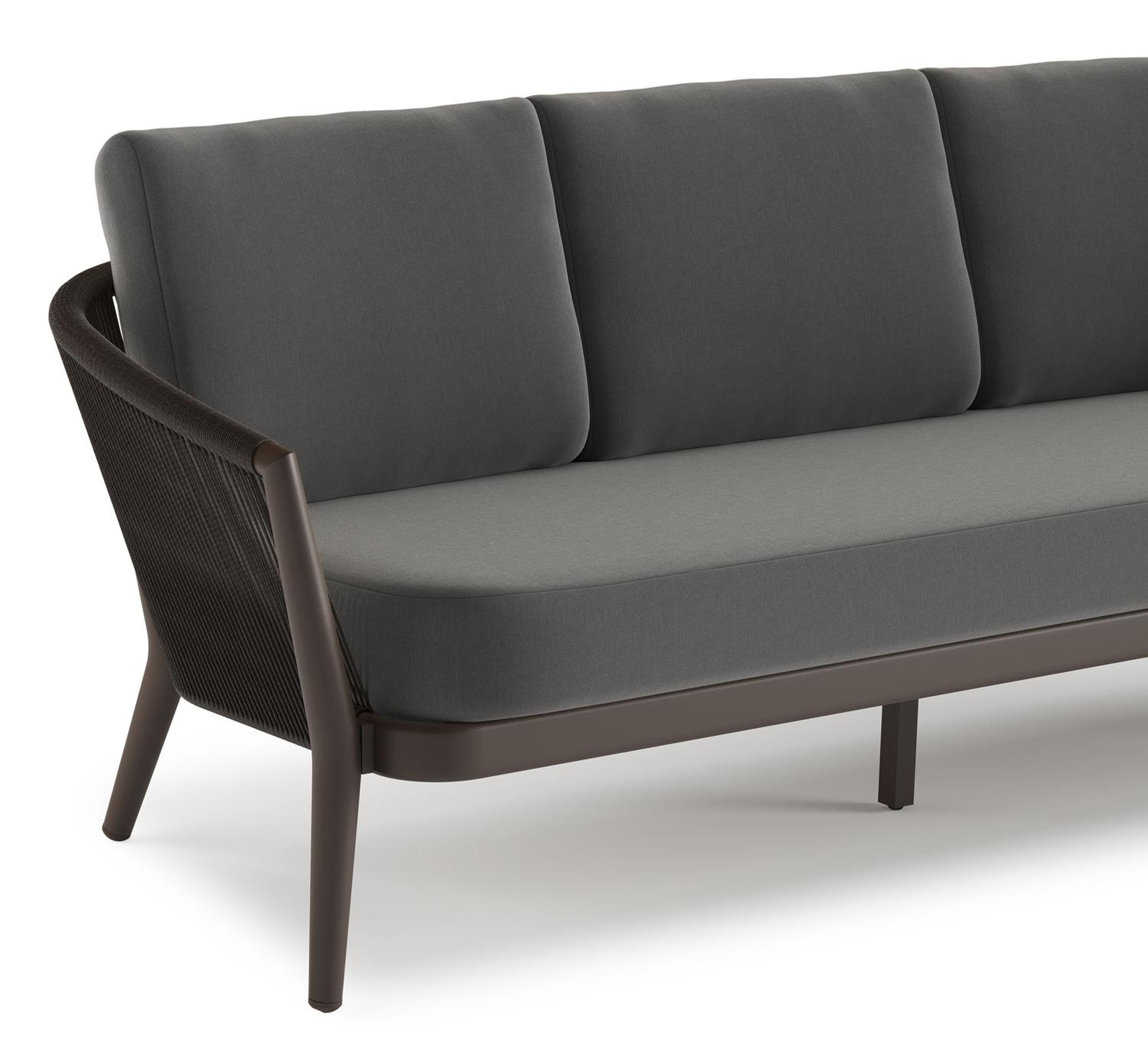 Canapé de jardin Orso en aluminium brun foncé en corde ronde tissée verticalement brun foncé et coussins en all weather sunbrella® luxe Natte Charcoal Chine