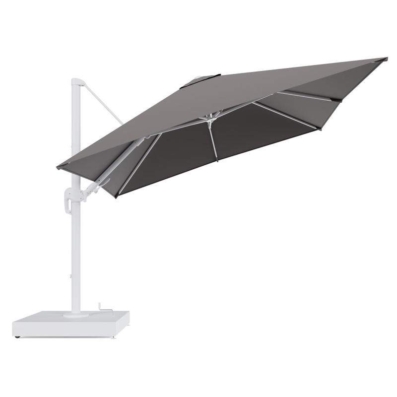 Rufina zweefparasol met tiltfunctie in wit aluminium en Natte Nature Grey All Weather Sunbrella® Luxe parasoldoek - L1 300 x L2 300 cm met parasolvoet Minore 260 kg met wielen