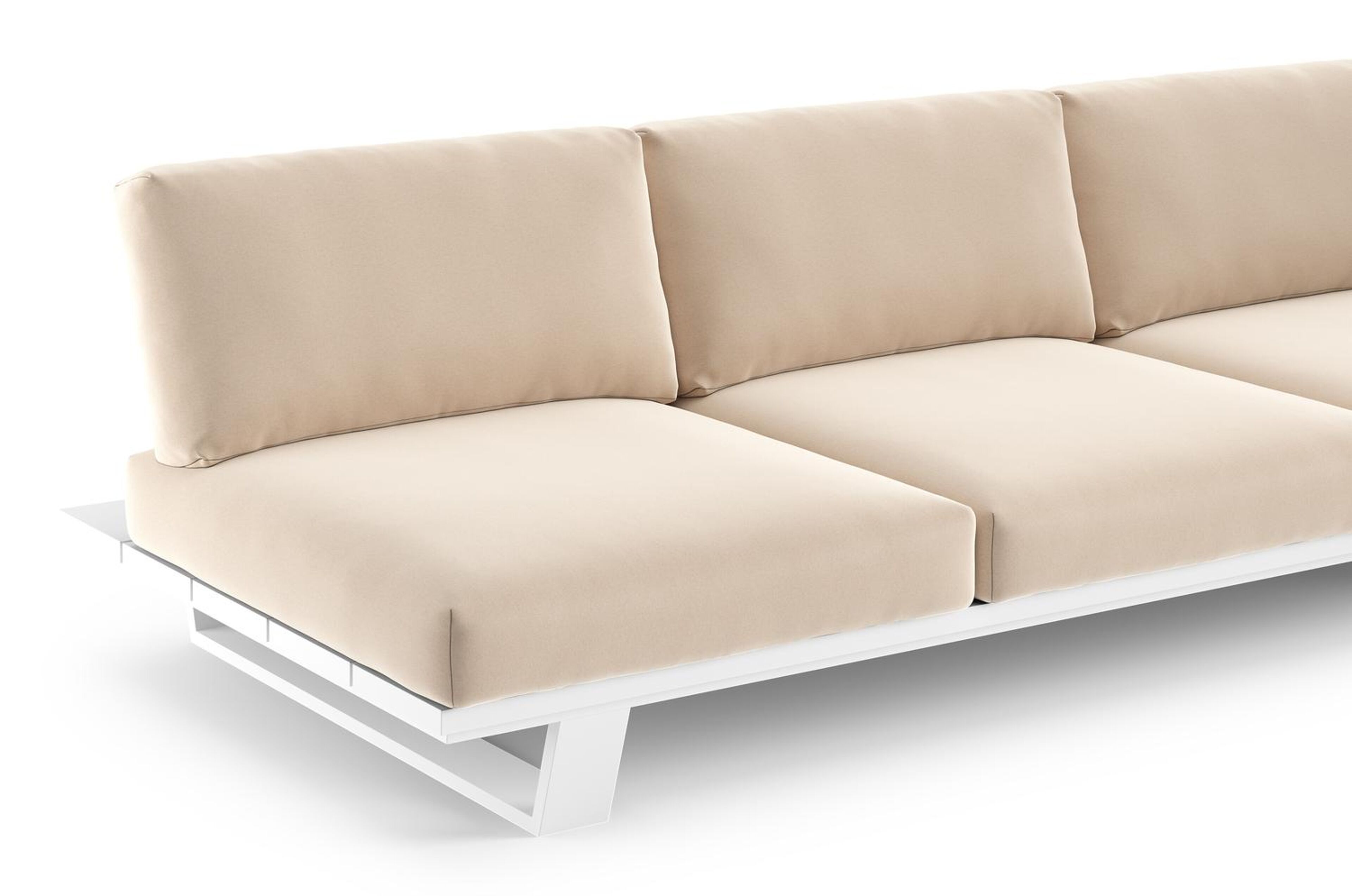 Canapé de jardin Pagino en aluminium blanc et coussins en all weather sunbrella® luxe natte linen chalk