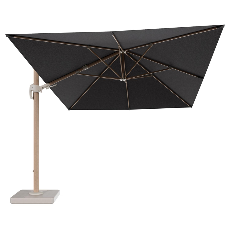 Parasol pendant Rufina avec fonction tilt en aluminium aspect de bois et toile de parasol en All Weather Solica Firenze Tunder - Lg.1 400 x Lg.2 300 cm avec pied de parasol Lapido 160 kg