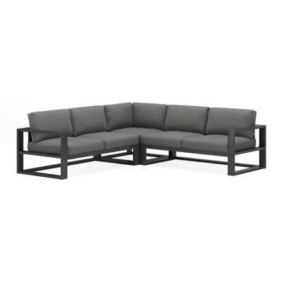 Verato loungehoek in zwart aluminium met natte charcoal chine all weather sunbrella® luxe kussens