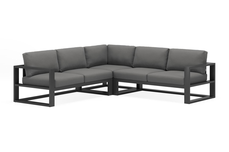 Verato loungehoek in zwart aluminium met natte charcoal chine all weather sunbrella® luxe kussens