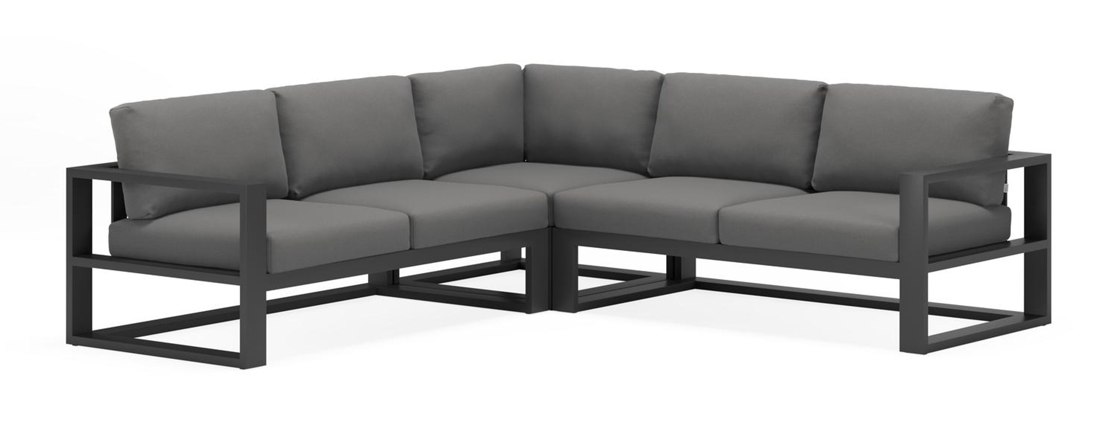 Verato loungehoek in zwart aluminium met natte charcoal chine all weather sunbrella® luxe kussens