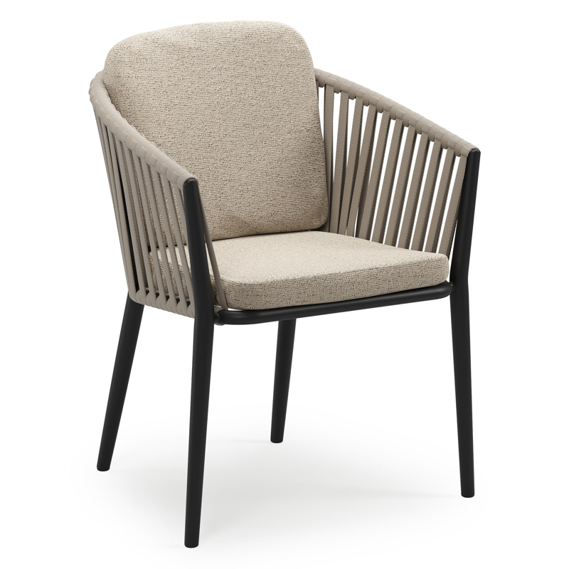 Chaise de jardin empilable Orso en aluminium noir et corde large plate de luxe tissée verticalement beige avec coussin en All Weather Cosytica Marbella Beige