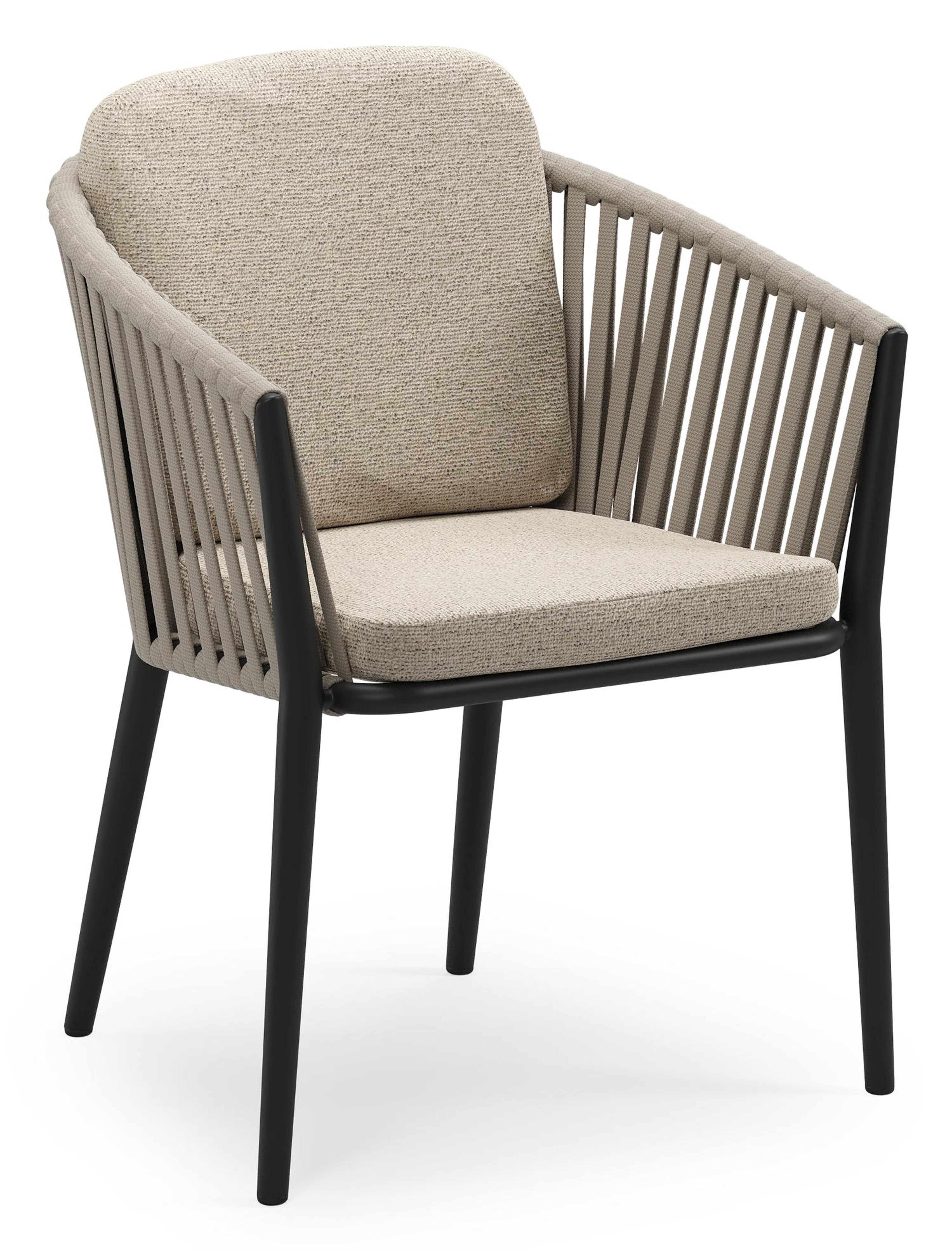 Orso stapelbare tuinstoel in zwart aluminium en beige verticaal geweven luxe vlakke brede rope met stoelkussen in All Weather Cosytica Marbella Beige
