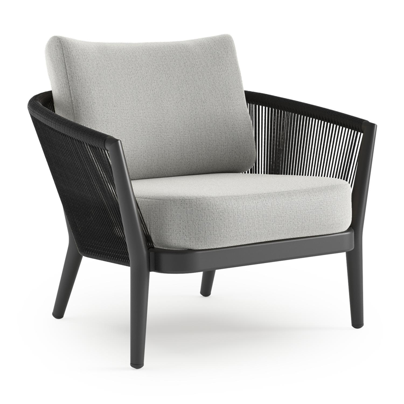 Orso loungestoel in zwart aluminium en zwart verticaal geweven ronde rope met Savane Nimbus all weather sunbrella® luxe kussen