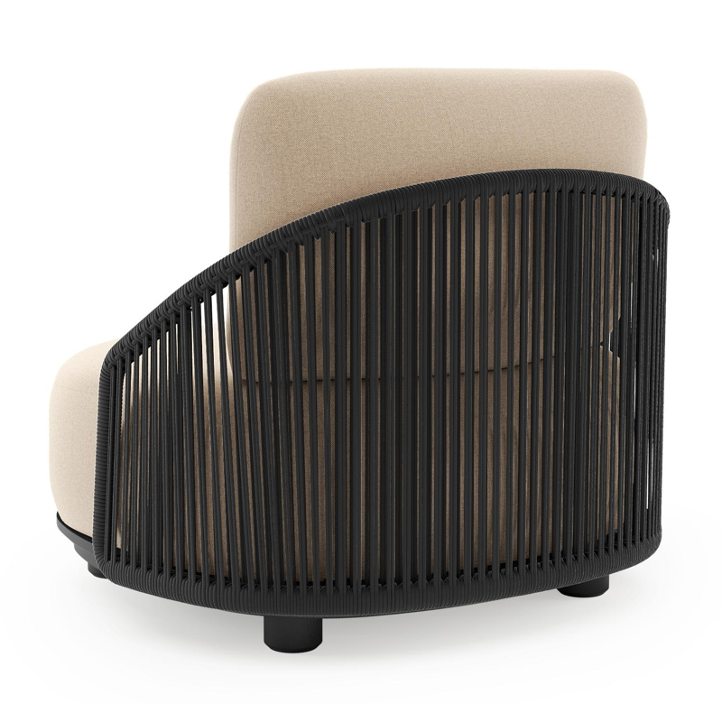 Fauteuil de jardin Vadelo en aluminium noir et corde ronde tissée verticalement noir et coussins en all weather sunbrella® luxe natte heather beige