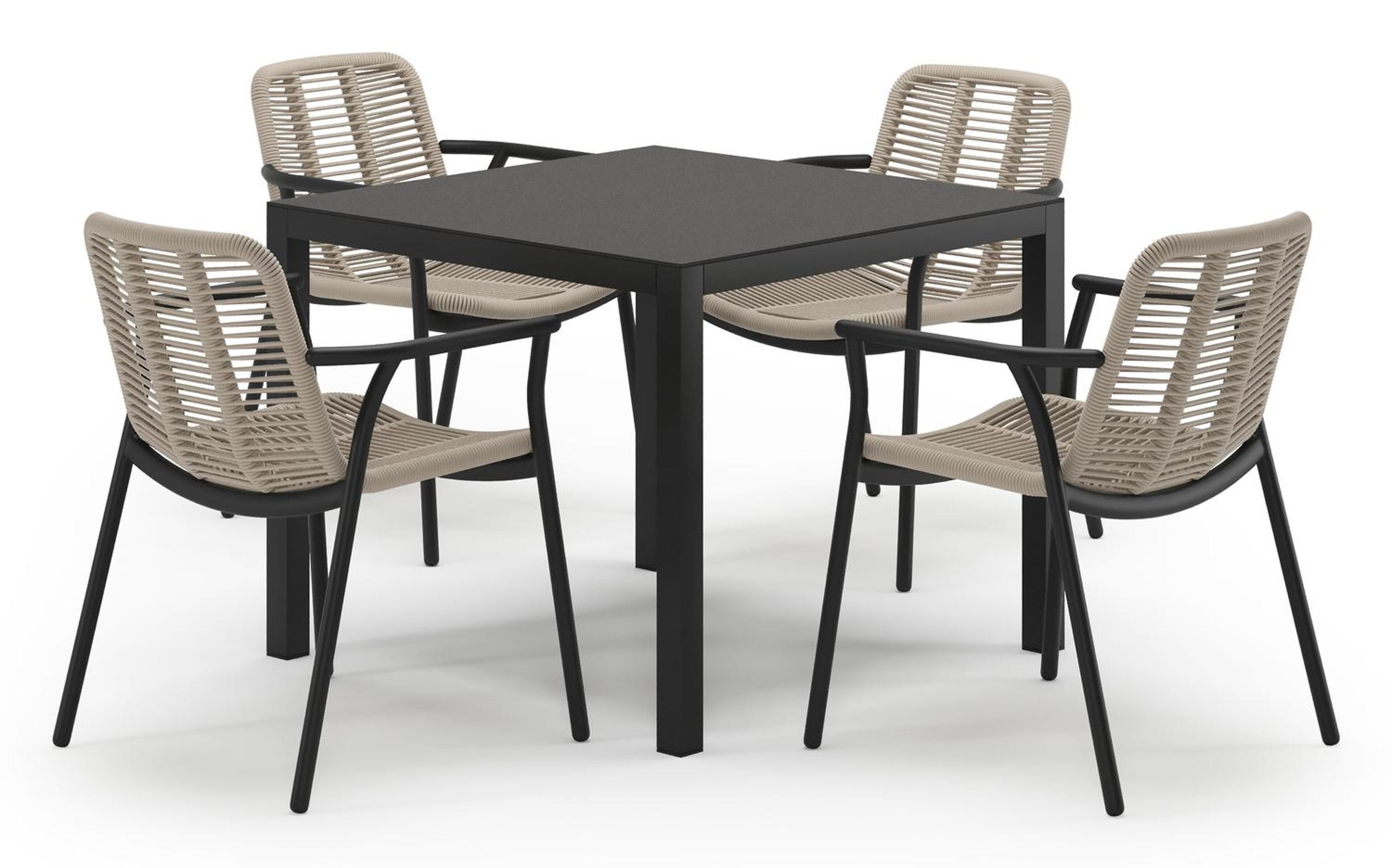 Feltro tuinset in zwart aluminium en notte minerale sintered stone met 4 stapelbare Berga tuinstoelen