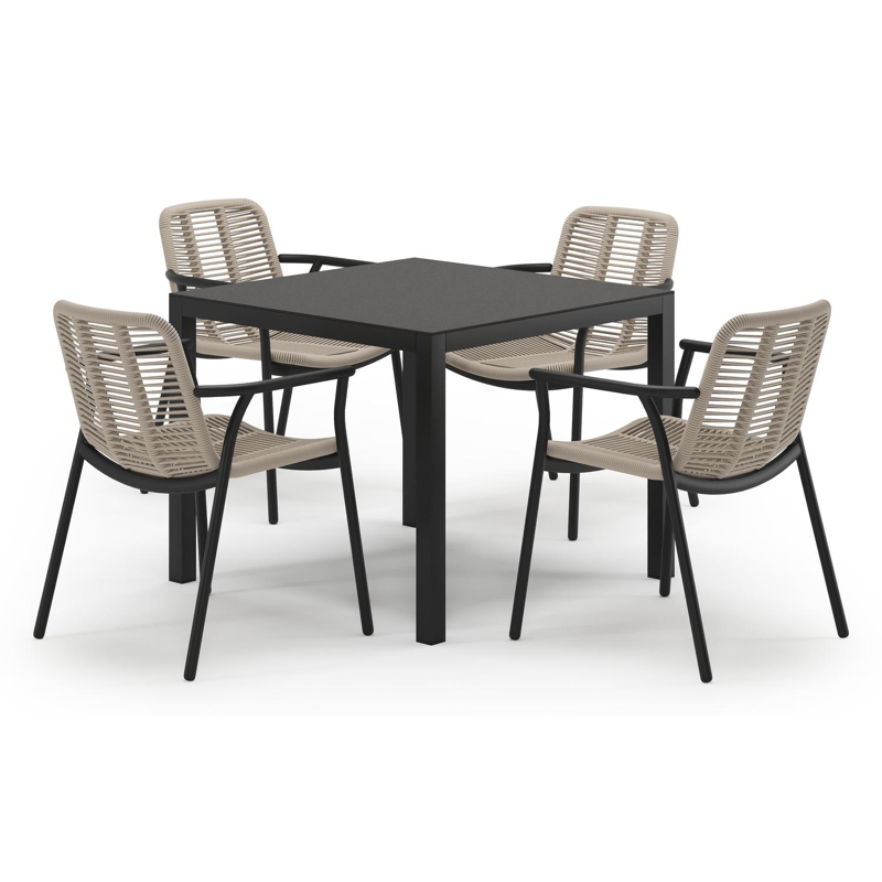 Feltro tuinset in zwart aluminium en notte minerale sintered stone met 4 stapelbare Berga tuinstoelen
