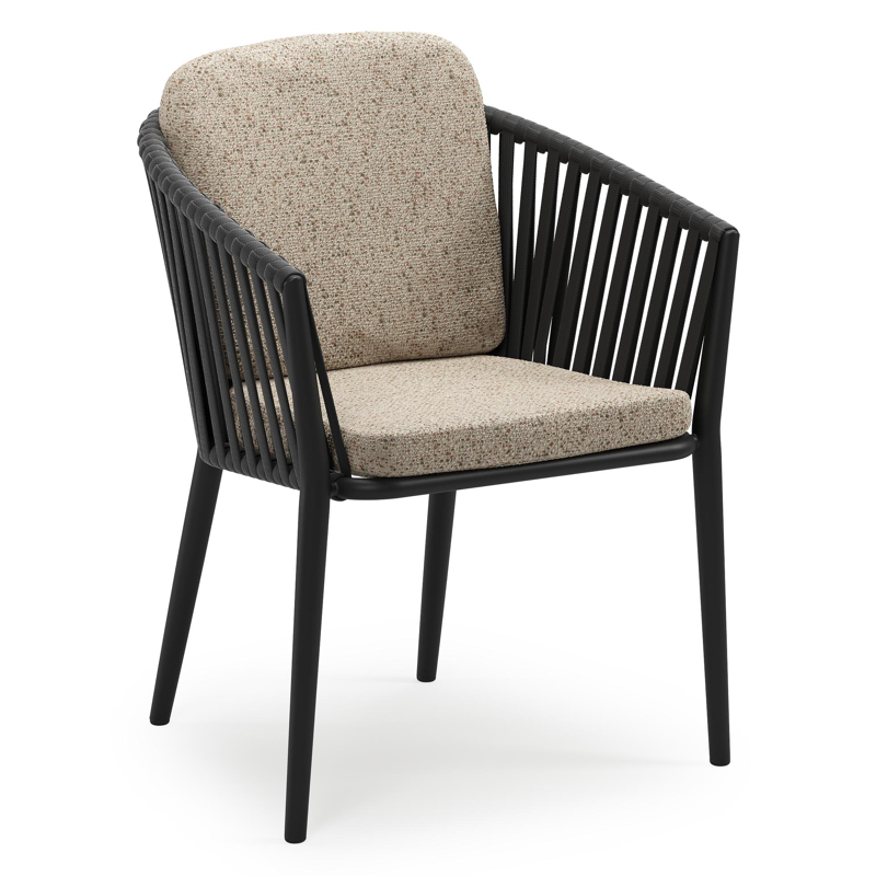 Orso stapelbare tuinstoel in zwart aluminium en zwart verticaal geweven luxe vlakke brede rope met stoelkussen in All Weather Cosytica Bora Jungle