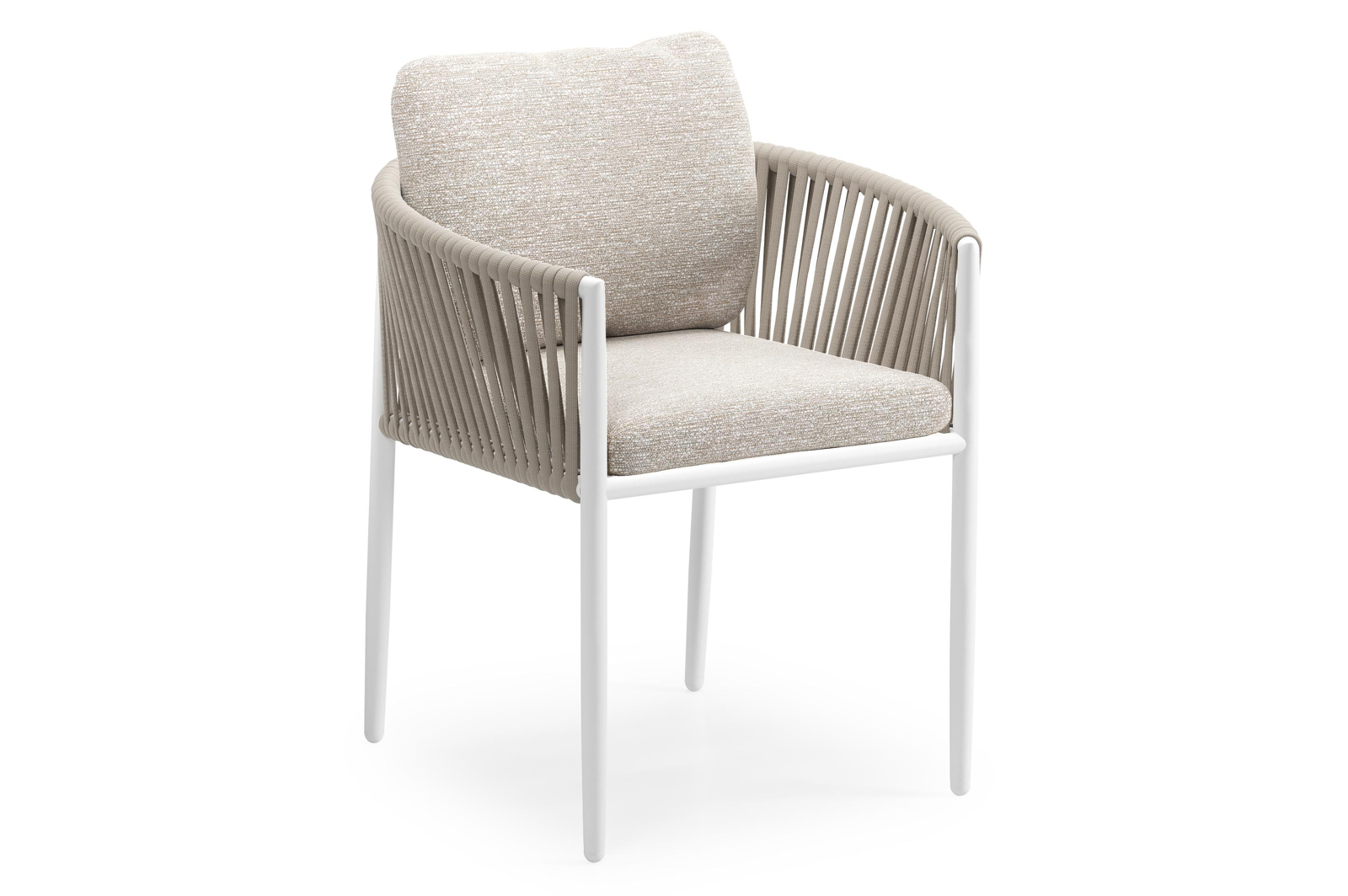 Chaise de jardin Organo en aluminium blanc et corde luxe plate tissée verticalement beige avec coussin en All Weather Sunbrella® Luxe Tundra Sand